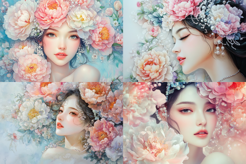 a with a mona lisa-like smile on her face beautiful woman with peonies of different sizes in her hair, surrounded by colorful flowers and pearls, in the style of a watercolor painting. the soft pastel colors create a dreamy atmosphere, with detailed facial features and elegant adorned with intricate floral patterns. the delicate brushstrokes reflect a traditional influence of chinese art.