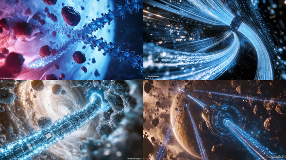 展现太空电梯如巨型dna链般穿透土星环（灵感源自《流浪地球2》太空电梯概念），电梯舱体表面覆盖着自修复纳米涂层，撞击陨石时迸发出蓝色电弧。通过cgi与实景结合技术，镜头捕捉到缆绳因太阳风扭曲产生的莫尔条纹效应，背景是木星大气层中不断重组的巨型风暴。