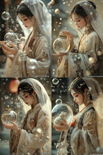 q版3d，骆驼泉萌娘，绣花坎肩配灯笼裤改良成泡泡袖造型，盖头演化为半透明水膜特效，手持嵌螺钿汤瓶。骆驼队幻影在背景流动，服饰暗纹隐藏《骆驼泉传说》连环画，动态倒茶时水面浮现阿拉伯书法，采用撒拉族篱笆楼建筑纹理贴图。