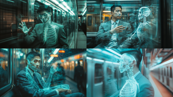 double exposure in subway window, stressed asian man in gray suit(left) morphing into skeleton version, bioluminescent wave tattoo pulsating on wrist, mint candy foil airplane piercing glass, cinematic lighting, hyper-detailed