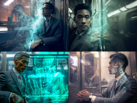 double exposure in subway window, stressed asian man in gray suit(left) morphing into skeleton version, bioluminescent wave tattoo pulsating on wrist, mint candy foil airplane piercing glass, cinematic lighting, hyper-detailed