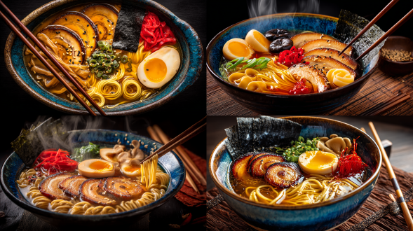 ultra hd food photography, steaming bowl of japanese ramen with concentric flavor layers, amber-toned pork bone broth shimmering with collagen swirls, thick wavy noodles coiled like golden serpents beneath the surface, three slices of chashu pork belly arranged in fan shape with caramelized edges glistening with tare glaze, ajitama egg with marbled molten yolk oozing over noodles, nori sheet standing vertically like a black sail, bamboo shoots cut into crescent moons, floating cloud-like fat droplets forming mandala patterns, red pickled ginger petals and scallion rings as color accents, wood ear fungus creating textural contrast, toasted sesame seeds scattered like stardust, rising steam refracting window light into rainbow halos, droplets of spicy rayu oil blooming on the surface like crimson chrysanthemums, handmade ceramic bowl with blue mineral glaze imperfections, wooden chopsticks resting on a persimmon-dyed tenugui cloth, shallow depth of field highlighting broth's viscous texture, cinematic backlighting emphasizing rising vapor trails, macro shot capturing the moment a chopstick lifts noodles with clinging broth pearls.