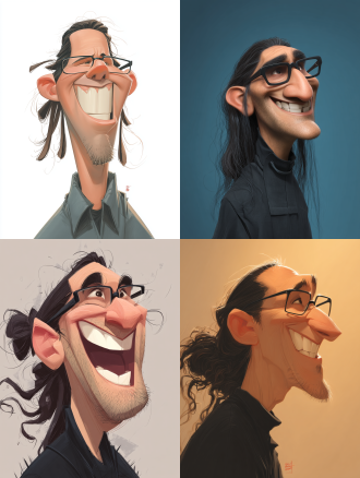 pixar close-up caricature of a barbed man with long hair pulled back, 40 years old, black glasses, joyful expression,crazy huge laugh