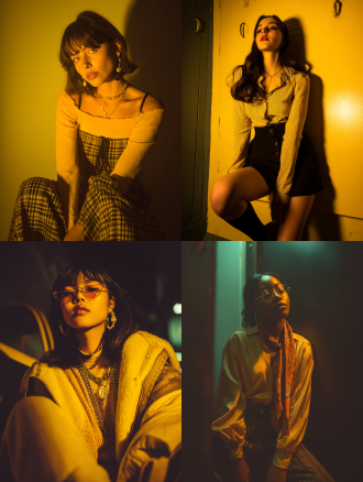 一个穿着时尚服装的女孩，有中景，昏暗的黄色灯光和写实的摄影风格