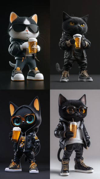 可爱猫吉祥物穿潮流装和运动鞋喝啤酒黑色，街头风，干净背景，3d玩具，c4d制作，oc渲染，高分辨率，丰富细节，8k。