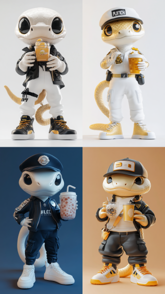 可爱白蛇警长，星际舰队，吉祥物穿潮流装和运动鞋喝奶茶，街头风，干净背景，3d玩具，c4d制作，oc渲染，高分辨率，丰富细节，8k。