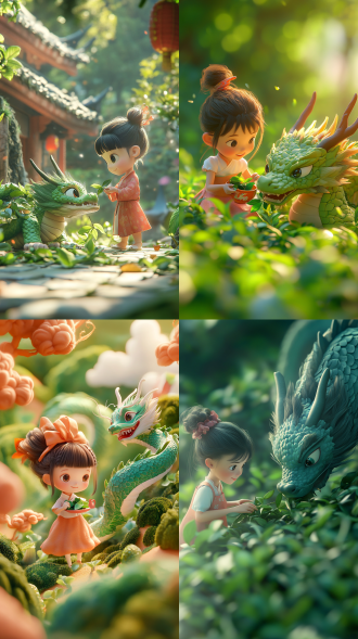 二月二龙抬头萌宠风，与小女孩采茶，萌宠风，春意场景，绿茶茶叶环绕龙，茶园，对角线构图，暖色调，8k高清，c4d风格，生机活力。