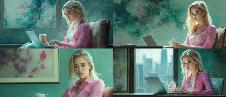 白种人35岁金发碧眼美女:: , 未来办公场景， 坐在椅子上喝咖啡 笔记本电脑