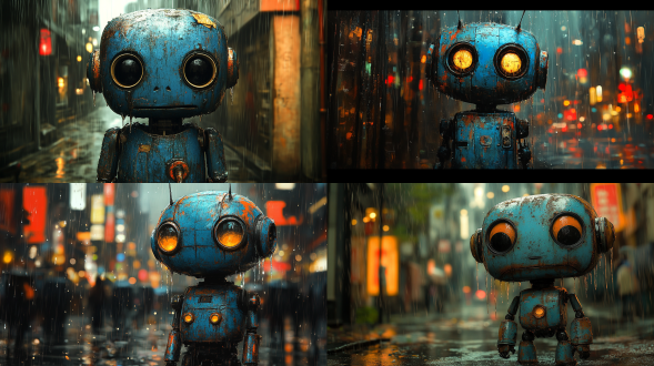 a captivating dark fantasy illustration of a rusted blue robot standing in the pouring rain. the robot, with its large round eyes and antenna, gives off a mysterious and somewhat melancholic vibe. its metallic body is a blend of blue and rusted patches, revealing its joints and limbs. the raindrops beautifully contrast against the vibrant cityscape in the background, with a blend of light and shadows, creating a sense of depth and atmosphere. the overall tone of the painting is vibrant yet melancholic, with the robot standing as a symbol of a lonely sentinel in the city.