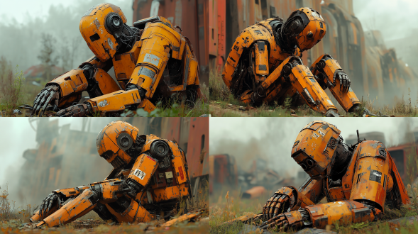 robot,mecha,no humans,((rust)),(the mechs are covered in rust:1.3),damaged,line fault,cable,solo,claws,science fiction,character name,(rubble_ruins,steel refuse,backdrop),sitting,head_down,leaning_back,dutch angle,retro artstyle,dirt,decompose,fog and mist,weed,night,low saturation color