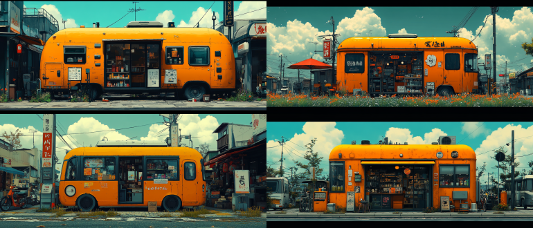 生动、山水、城市、花卉、宽笔触、两点透视、绿草广告,使用拖车改造成的店铺和车辆、产品在车里、小店里、黑白线条画、可爱的卡通设计、工笔画、笔墨、宣纸、大胆的配色，