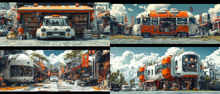 生动、山水、城市、花卉、宽笔触、两点透视、绿草广告,使用拖车改造成的店铺和白色车辆、产品在车里、小店里、黑白线条画、斑驳的笔触，可爱的卡通设计、工笔画、笔墨、宣纸、大胆的配色，