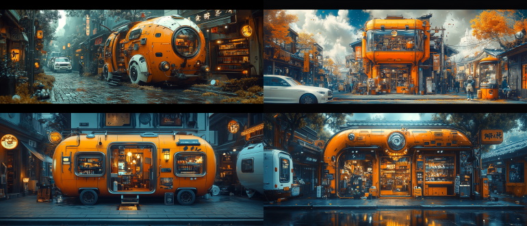 生动、山水、城市、花卉、宽笔触、两点透视、绿草广告,使用拖车改造成的店铺和白色车辆、产品在车里、小店里、黑白线条画、斑驳的笔触，可爱的卡通设计、工笔画、笔墨、宣纸、大胆的配色，