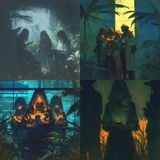 一群女子靠墙站在一起双手交叠看手机，诡异氛围，复印机效果，冷色调，中焦镜头，顶光，静止，纸张元素，冷漠。 热带雨林