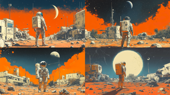 宇航员站在红色星球背对镜头望远方，地平线上有弯月，全身像，周围有石块，太空服，远景，冷色调，全景镜头，逆光，孤独,丰富细节，