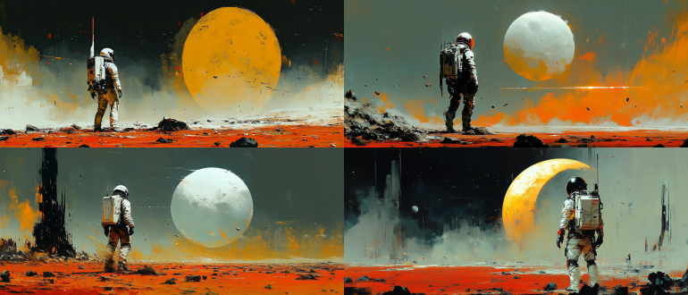 sci-fi, broad brushstrokes, landscapes, painterly, vivid, subdued,astronaut, crescent moon,an astronaut stands on the red barren planet, back to the camera, gazing into the distance. a huge crescent moon is on the horizon, with a full-body shot, surrounded by rocks, spacesuit, a distant view, cool tones, a panoramic shot, backlighting, loneliness, rich details.