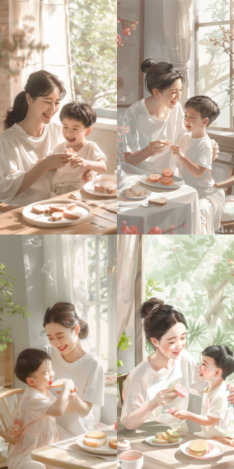 小清新风格的客厅里，餐桌边一个身穿白色t恤长裤的中国女年左手拿着一片粉色面包片，右手抱着一个四五岁的可爱微笑的小男孩，餐桌上放着一个盘子里面放了几片吐司片，画面温馨自然，光线充足，小清新风格，广告画面，