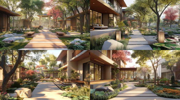 光线真实场景，三分法构图，城市街道，冷色调，长焦镜头，逆光，慢快门，光影交织，宁静氛围。 花园背景 现代中式