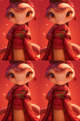 一个可爱的蛇头娃娃，蛇头人身，穿着汉服，红色背景，传统元素装饰，喜庆的颜色，欢乐的氛围，明亮而柔和的光线，细节丰富，眼神友善，微笑，宽广的构图，正视图，全身照，电影画报画质，漫画风格，高分辨率，4k，1：1