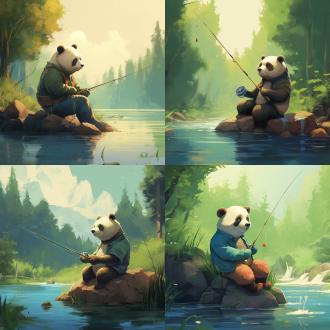 一个可爱帅气的熊梦，坐在河边钓鱼，背景是一片森林
