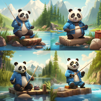可爱的熊猫正坐在河边钓鱼箱上，帅气可爱的脸。它上身穿着蓝色的牛仔褂，下身穿着咖啡色短裤，毛茸茸的，十分顺滑。熊猫头戴一顶草帽。它双手拿着一根长鱼竿，眼神看着远处的鱼漂，脚下是河边的石子和沙子。周围的景色壮美，阳光洒在熊猫身上，形成美丽的光影。熊猫在画面的右侧，左侧留出大面积空白