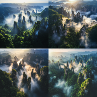 张家界峰林奇观，航拍远景，云雾霞光，深绿山峰配洁白云雾、金色阳光对深蓝天空，大气磅礴，高对比度，视觉冲击。