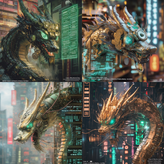 核心元素重构 龙首：青铜饕餮纹面罩覆盖半张龙脸，电子眼虹膜流转着卦象，龙须化为光纤束连接城市中央的数据塔 龙躯：生物合金鳞片间镶嵌翡翠能量模块，脊椎处延伸出纳米机械翼，每片翼膜都是可变形的全息投影屏 龙爪：五趾分别握持着青铜鼎、齿轮、竹简、芯片、莲花 场景交互设计 龙身缠绕的数据流与城市空中轨道形成共振，每片龙鳞都在实时播放全球文明史的全息影像 龙尾扫过的区域自动生成水墨风格的未来城市规划图，霓虹街道浮现山海经异兽的 ar 投影 当龙睛注视地面时，建筑表面会浮现青铜器铭文与赛博朋克字体的双语动态字幕 视觉冲击强化 龙息呈现为粒子化的神农本草经图谱，接触地面后生长出荧光中草药与机械共生植物 龙鳞表面的磨损痕迹中显现金文与二进制代码的混合纹路，破损处露出内部发光的水晶骨骼 背景采用动态分屏设计，同时展示古代农耕文明与未来科技城市的时空交叠画面 配合「水墨金属」材质预设，在龙躯周围添加流动的古籍文字光效。可通过调整量子核心的能量波动频率，控制画面的赛博朋克暗黑系与东方水墨暖色调的动态平衡。