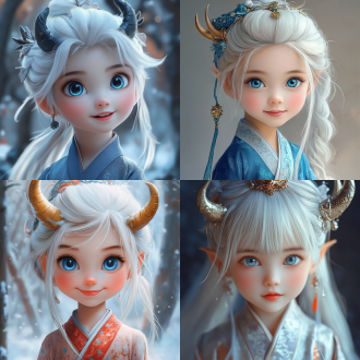 最佳质量，优质构图，头上长着龙角的可爱女孩，穿着飘逸的汉服，露出甜美的微笑，闪闪发亮的雪白头发，大而明亮的蓝色眼睛，中心视觉,