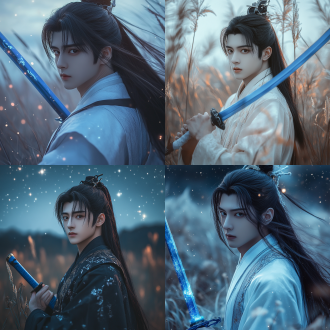 20岁中国古风男人，黑长发、五官精致、皮肤白皙，手持青钢剑于星空草地中，居中正视镜头，广角，动态模糊，8k，高对比度暖光侧光，紧张神秘。