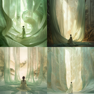 小人置身写满唐诗宋词浅绿色飞舞纱幔，仰视视角，新工笔，浅金白色渐变，浪漫古风，3d立体，宏大震撼，侧逆光。