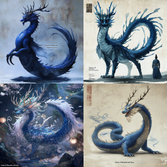 身姿雄伟，身长竟达千米之遥。它兼具龙之首、鹿之角、鹰之爪，更披上鱼鳞与蛇身，双翼展翅，蔚为壮观。应龙之色深蓝，美不胜收，其眼如珍珠般璀璨，目光如炬。作为有翼之龙，应龙神力无边，身形修长，前肢虽短小，后肢却强健有力，翱翔天际不在话下。其首极大，双目如电，利齿森森，背部黑鳞排列有序，腹部则洁白如雪。尾长而锐利，末端双爪更是锋芒毕露，威武霸气，身上复杂纹理，光芒四射，山海经场景，神兽 oc渲染器 oc渲染器