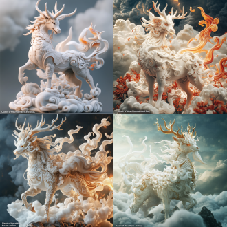 一只巨大的麒麟，祥云环绕，眼睛直视前方，象征着祥瑞和好运，威武与仁爱，身形似鹿，头上有角，全身覆盖鳞甲，尾似牛尾，背上纹有五彩毛纹，全身如白玉凝脂，口吐火焰，声如轰鸣的雷霆，威武霸气，身上复杂纹理，光芒四射，山海经场景，神兽 oc渲染器