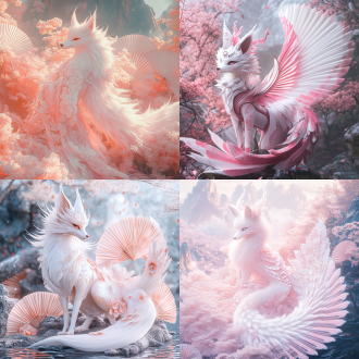 巨大的九尾狐狸，妖娆魅惑，身上是粉丝烟雾缭绕，皮肤是白色与粉红色渐变纹理，山海经场景，神兽 oc渲染器 oc渲染器