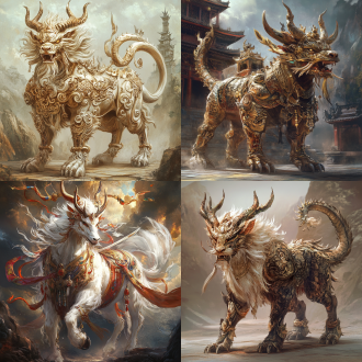 巨大的神兽白泽，头似龙，身体像鹿，角像龙，耳朵像牛，蹄似马，尾巴像龙，前足似熊，后足像老虎，口中有剑端，图案繁复，象征吉祥，复杂纹理，光芒四射，山海经场景，神兽 oc渲染器 oc渲染器