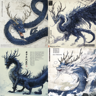 巨大的应龙，身姿雄伟，身长竟达千米之遥。它兼具龙之首、鹿之角、鹰之爪，更披上鱼鳞与蛇身，双翼展翅，蔚为壮观。应龙之色深蓝，美不胜收，其眼如珍珠般璀璨，目光如炬。作为有翼之龙，应龙神力无边，身形修长，前肢虽短小，后肢却强健有力，翱翔天际不在话下。其首极大，双目如电，利齿森森，背部黑鳞排列有序，腹部则洁白如雪。尾长而锐利，末端双爪更是锋芒毕露，威武霸气，身上复杂纹理，光芒四射，山海经场景，神兽 oc渲染器 oc渲染器