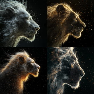 一只由幽灵粒子组成的狮子大侧脸，微小粒子，c4d，oc渲染，通透的质感，模糊边缘，双重影像，伽马射线捕捉，黑色背景，实景拍摄图片 特写