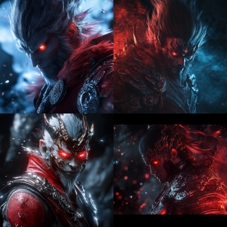 黑神话，孙悟空，暗黑红色柔光铠甲，爆炸散发，超级近距离特写，侧面，眼神犀利凶狠发光，烟雾粒子飘散，上半身占满整个画面，幽灵暗黑风格，超强画面质感，超细腻画面，暗黑 低饱和红 钛合银辉光效果，整体暗光，青蓝色调 画面冲击力强烈，空间感，压迫感强烈