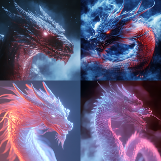 巨大青龙，暗黑红色柔光龙身，爆炸散发，超级近距离特写，侧面，眼神犀利发光，威武霸气，烟雾粒子飘散，上半身占满整个画面，幽灵暗黑风格，超强画面质感，超细腻画面，低饱和红，钛合银辉光效果，整体暗光，青蓝色调，画面冲击力强烈，空间感，压迫感强烈