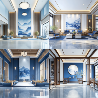 中国风格室内大厅设计，长方形户型，蓝白色主调，柔和阳光，蓝色背景，原木色家具，时尚现代，360度全景，16k高清，宽敞明亮，自然光，细节丰富，现代简约，舒适氛围，宁静和谐。 360度全景