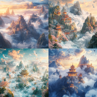 仙山天宫，全景构图，高山矗立大地，天空云雾缭绕放光，宏伟宫殿漂浮云中，仙鹤呈祥，点彩技法，3d渲染，宋式宫殿，祥云环绕，淡雅色彩，梦幻，超现实，细节纹理。 山海经