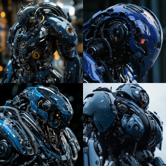 青龙机器人半身特写，青黑色机身，复杂零件构图，机械写实风，展现内部结构，侧光，高对比度，威武霸气，空间压迫感强。