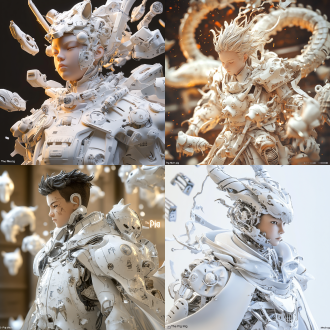 机器人，机甲，人形，一个周围有浮动机甲部件的人类男孩，用ue5和octane创建的戏剧性半身肖像中的《十二生肖猪机甲》的高质量3d cg渲染。机甲的设计采用统一的白色和铂金配色方案，丰富了中国十二生肖的元素，特别是十二生肖猪。盔甲上装饰着受龙鳞和天云启发的复杂图案，闪耀着柔和的铂金光。飘逸的斗篷，优雅地披上斗篷，呈现出闪闪发光的白色和铂金光泽。长长的头发垂下，部分覆盖着装饰着神圣面具和猪图案的面板，这些图案以白色和铂金色调相匹配。逼真、视觉叙事、动态构图，高质量的3d cg、ue5、octane渲染、发光的字母“pig”被突出显示.