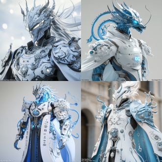 机器人，机甲，人形，一个周围有浮动机甲部件的人类女孩，用ue5和octane创建的戏剧性半身肖像中的《十二生肖青龙机甲》的高质量3d cg渲染。机甲的设计采用统一的天青色和白色色配色方案，丰富了中国十二生肖的元素，特别是十二生肖龙。盔甲上装饰着受龙鳞和天云启发的复杂图案，闪耀着柔和的铂金光。飘逸的斗篷，优雅地披上斗篷，呈现出闪闪发光的白色和铂金光泽。长长的头发垂下，部分覆盖着装饰着神圣面具和龙形图案的面板，这些图案以天青色和白色色调相匹配。逼真、视觉叙事、动态构图，高质量的3d cg、ue5、octane渲染、发光的字母“loog”被突出显示在机甲机身
