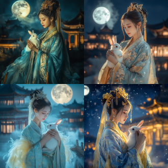 古风写真，嫦娥抱兔于天宫楼宇月宫背景，淡蓝黄羽唐装，影棚朦胧光，eos镜头，浅景深，虚实层次，仙侠空灵，视觉冲击
