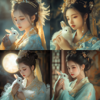 古风写真，影棚光，天宫楼宇，月宫背景，天界仙子嫦娥，手里抱着一只可爱小白兔，空灵古风淡蓝色黄色羽毛服饰，仙气飘飘，唐朝装扮，仙侠感，视觉冲击，浅景深，虚实层次，完美光影，细腻笔触，朦胧光，女神眉清目秀，eos镜头
