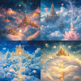 一座座金碧辉煌的仙宫浮于云海之上，星光洒落如雨，映照着通天的莲华之境。 莲花如星辰盛放，神圣与祥和交织成一幅画卷，仿佛天地间最纯净的美好都聚集于此。 当你站在这通天的光路上，是否会感觉灵魂被净化，与浩渺的宇宙融为一体？ 如果仙境有形，这或许便是它的模样