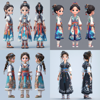 ip形象，全身，生成三个视图，即前视图、侧视图和后视图，民族元素与现代潮流融合，精致的动漫土家族少年ip形象，精致的五官，最佳质量，优质构图，大而明亮的蓝色眼睛，露出甜美的微笑，性格乐观开朗，土家族传统刺绣上衣 + 数码渐变阔腿裤，云纹织锦腰带，银饰项链，国潮扎染运动鞋，土家族银饰装饰，中心视觉，干净背景，3d玩具，c4d制作，oc渲染，高分辨率，丰富细节，8kip形象，全身，，身体比例为1：1，生成三个视图，即前视图、侧视图和后视图，土家族元素与现代潮流融合，精致的土家族少年ip形象，最佳质量，优质构图，大而明亮的蓝色眼睛，露出甜美的微笑，性格乐观开朗，土家族传统刺绣上衣 + 数码渐变阔腿裤，云纹织锦腰带，银饰项链，扎染运动鞋，土家族银饰装饰，中心视觉，干净背景，虚幻引擎质感，c4d制作，oc渲染，高分辨率，丰富细节，8k