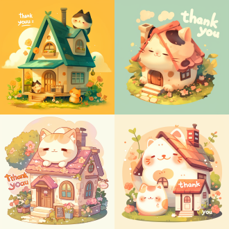 丑萌小猫在小房子旁的卡通封口贴，胖乎乎，有thank you字样，中心构图，高饱和度，平光，可爱，暖色系。