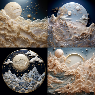 中国刺绣与群山月亮浮雕，有珍珠钻石点缀，细腻纹理，柔和自然光下微距镜头拍摄的静态画面，优雅精致，冷色调。