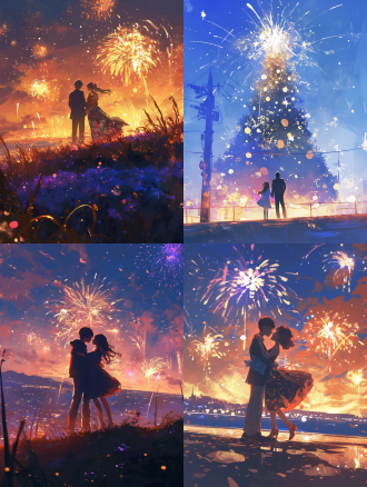 夜晚 烟花 情侣小人